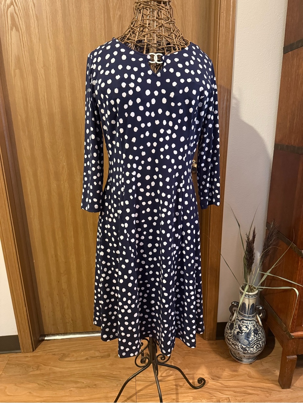 Susan Graver Navy and White Polka Dot A-Line Dress